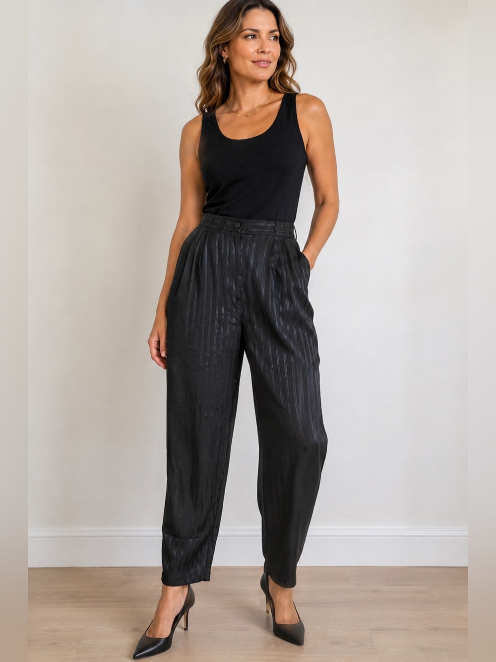 Vintage Francine Browner Black High-Rise Pleated Satin-Look Tapered Trousers